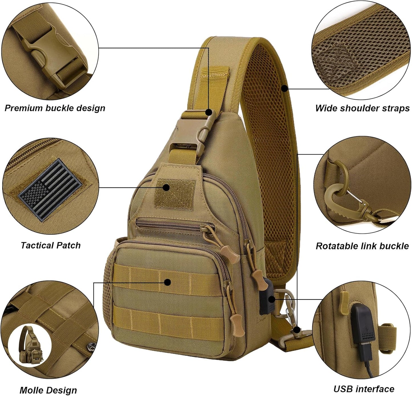 ZHIERNA Tactical Sling Crossbody Backpack with Water Bottle Holder, MOLLE EDC Shoulder Sling Chest