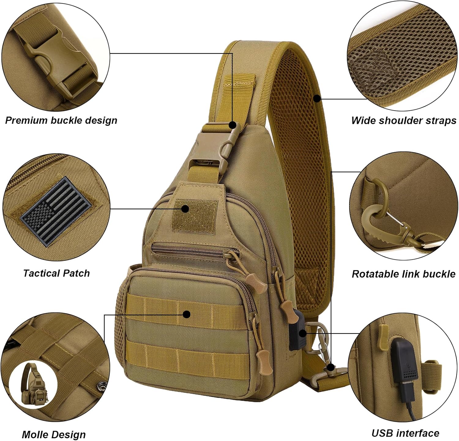 ZHIERNA Tactical Sling Crossbody Backpack with Water Bottle Holder, MOLLE EDC Shoulder Sling Chest