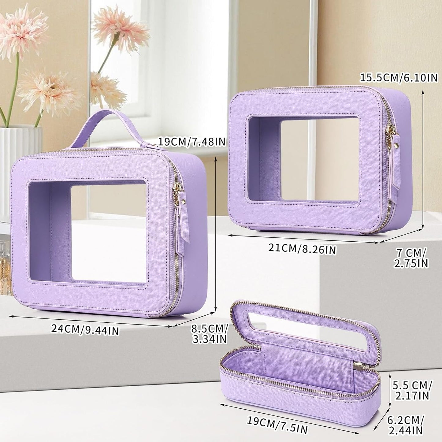 Travel Makeup Set Waterproof Transparent Cosmetic Bag and Toiletry Bag Makeup Brush case with Zipper Car Essentials for Women (Purple, L+M+SLIM)