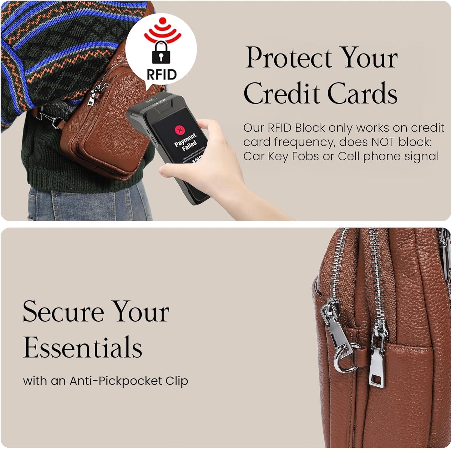 befen Genuine Leather Small Sling Bag for Women Anti-Theft Crossbody Chest Bags Fanny Packs for