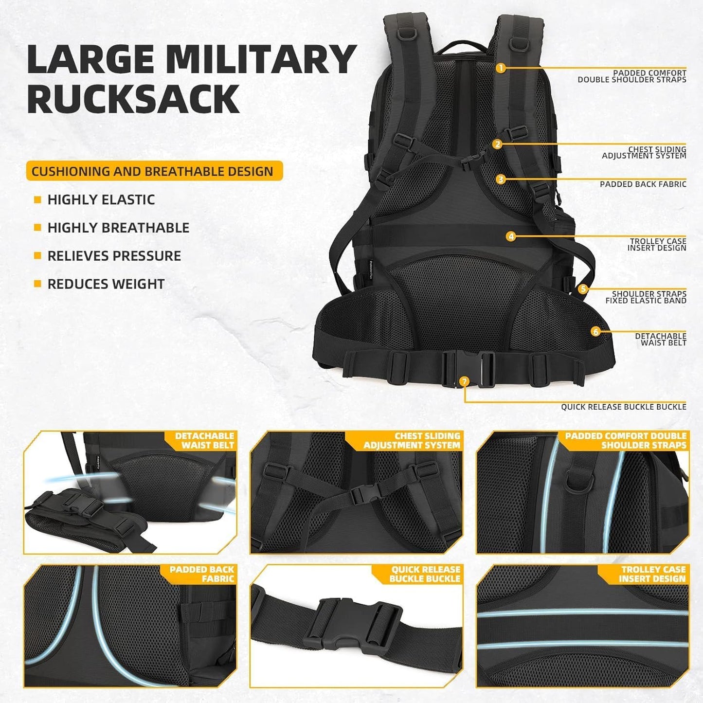 50L Military Tactical Backpack 3 Day Assault Pack Molle Daypack Hiking Backpack for Men and Women (Black Tie-Dye)