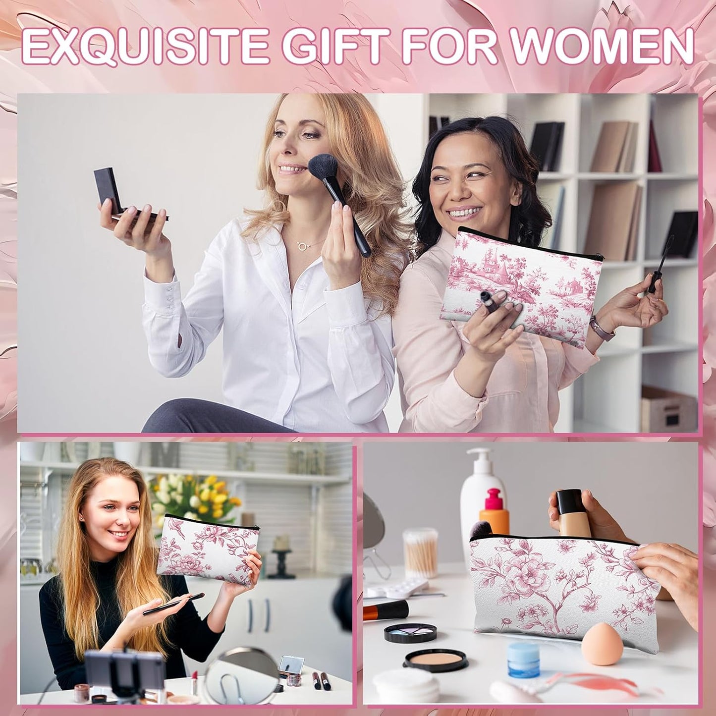 24 Pcs Floral Cosmetic Bags Bulk for Women Pink and White Floral Makeup Bags Chinoiserie Canvas Travel Zipper Pouches Aesthetic Toiletry Bag for Girls Bridesmaids Wedding Supplies