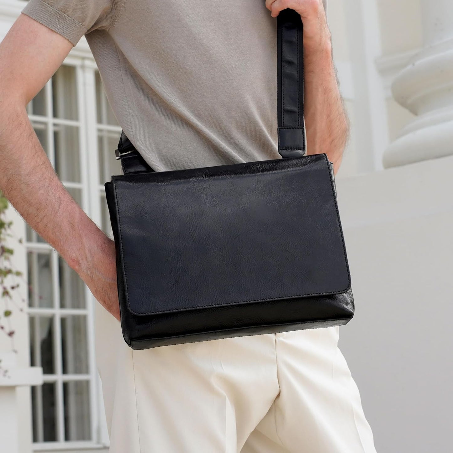 Time Resistance Leather Messenger Bag for Men - Crossbody Bag - Full Grain Leather - Tablet Sized Shoulder Bag