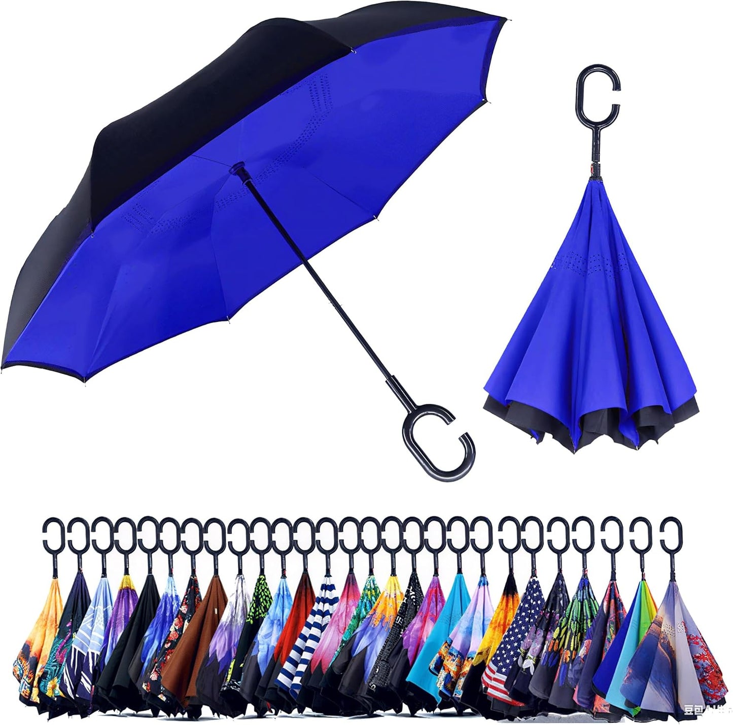 SIEPASA 49/56 Inch Inverted Reverse Upside Down Umbrella, Extra Large Double Canopy Vented Windproof Waterproof Stick Golf Umbrellas with C-shape Handle.