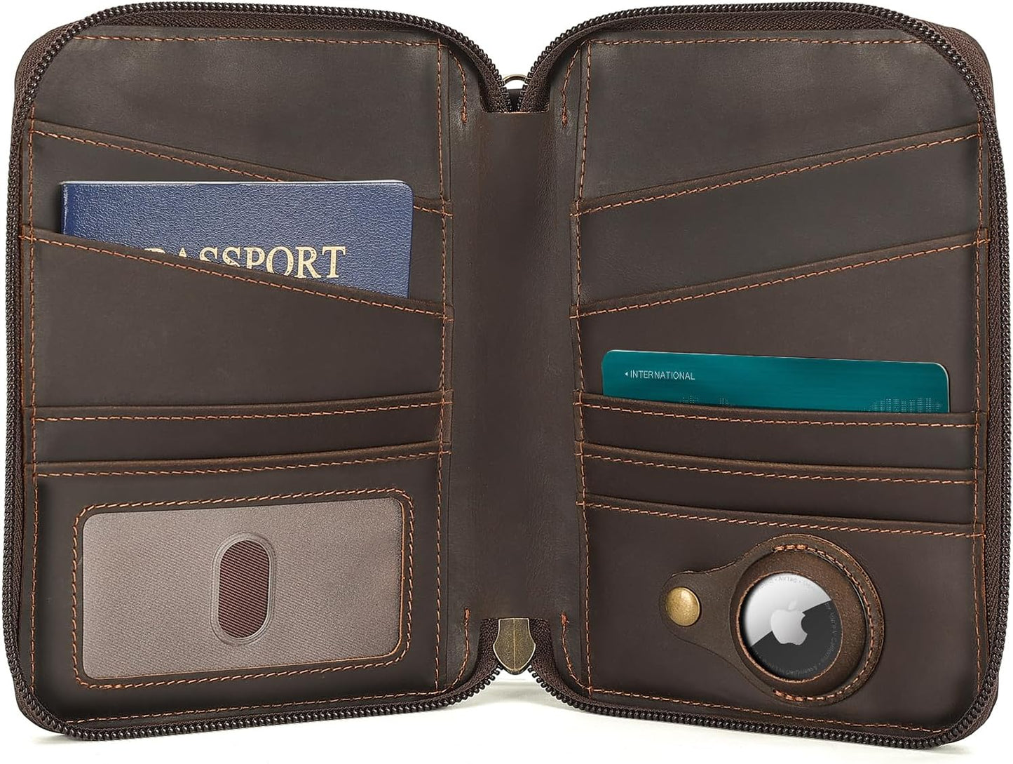 Polare Full Grain Leather Family Passport Wallet for 4 Passports, RFID Blocking Bifold Passport Cover Travel Document Organizer Holder for Women and Men (Dark Brown with AirTag Slot)