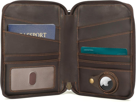 Polare Full Grain Leather Family Passport Wallet for 4 Passports, RFID Blocking Bifold Passport Cover Travel Document Organizer Holder for Women and Men (Dark Brown with AirTag Slot)