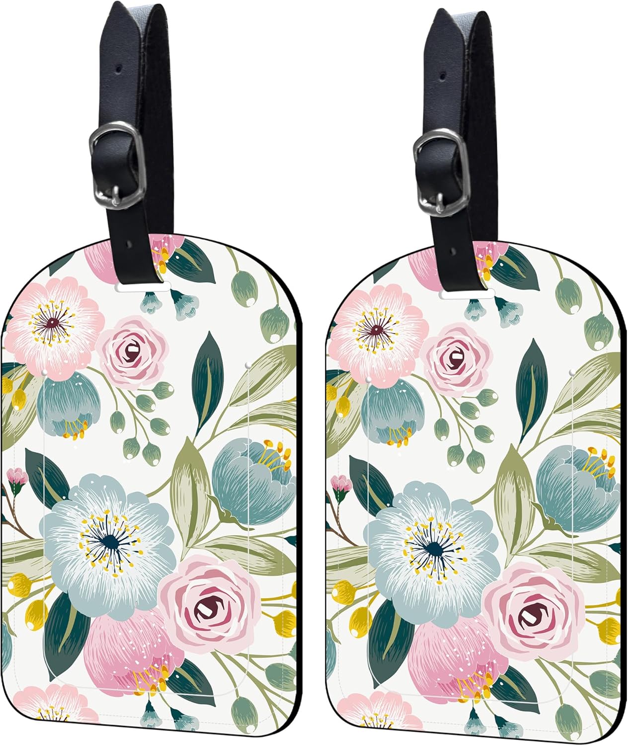 2 Pack Luggage Tags Spring Flowers PU Leather Baggage Handbag Suitcase Tags with Secure Strap