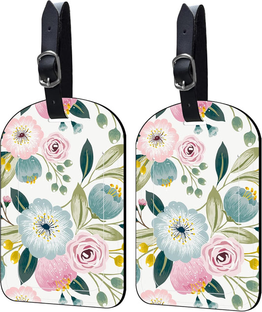2 Pack Luggage Tags Spring Flowers PU Leather Baggage Handbag Suitcase Tags with Secure Strap Privacy Cover ID Labels,Business Travel Baggage Tag Identifier
