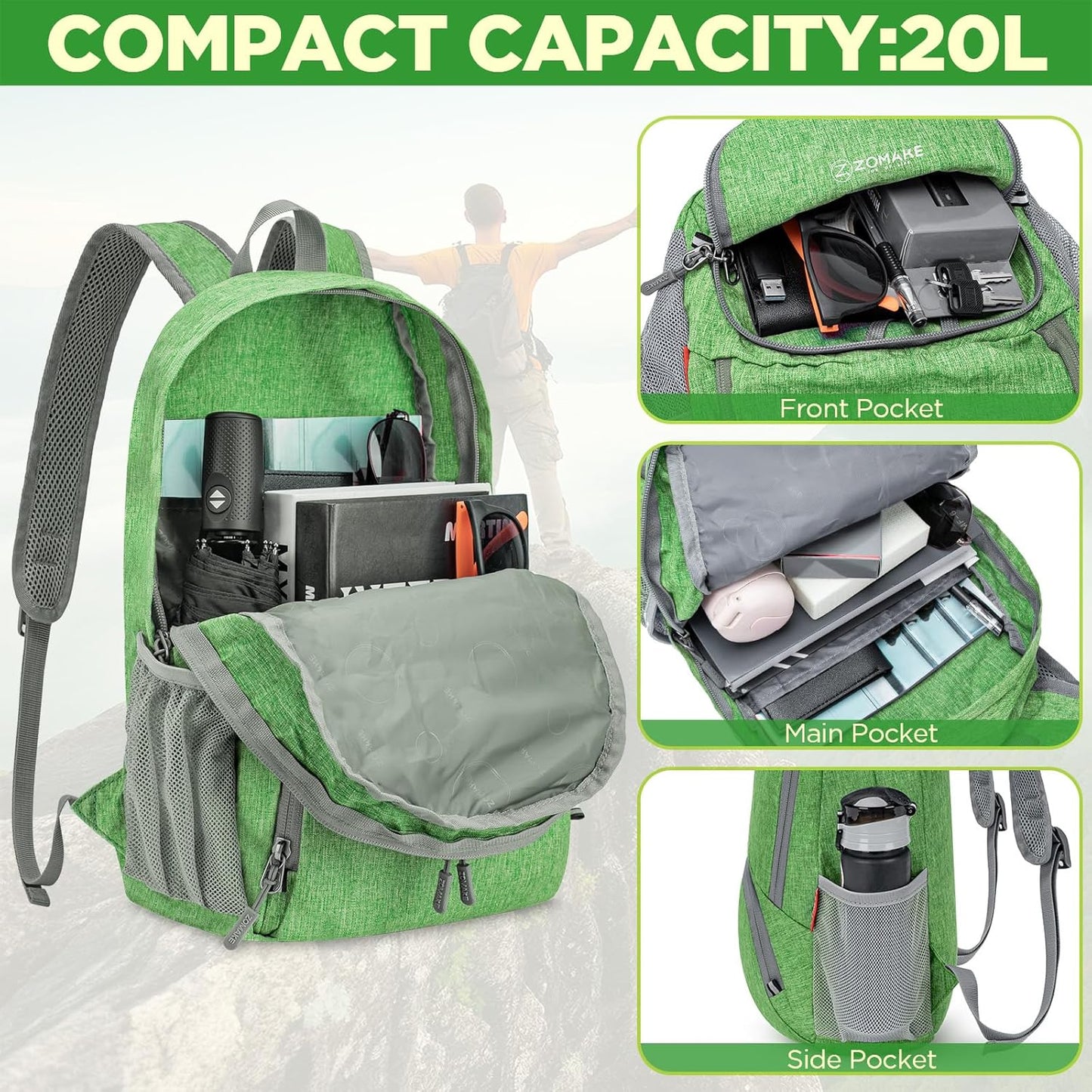 ZOMAKE Ultra Lightweight Packable Backpack 20L,Small Foldable Backpacks Hiking Water Resistant Collapsible Daypack for Women Men(Dark Green-C2)