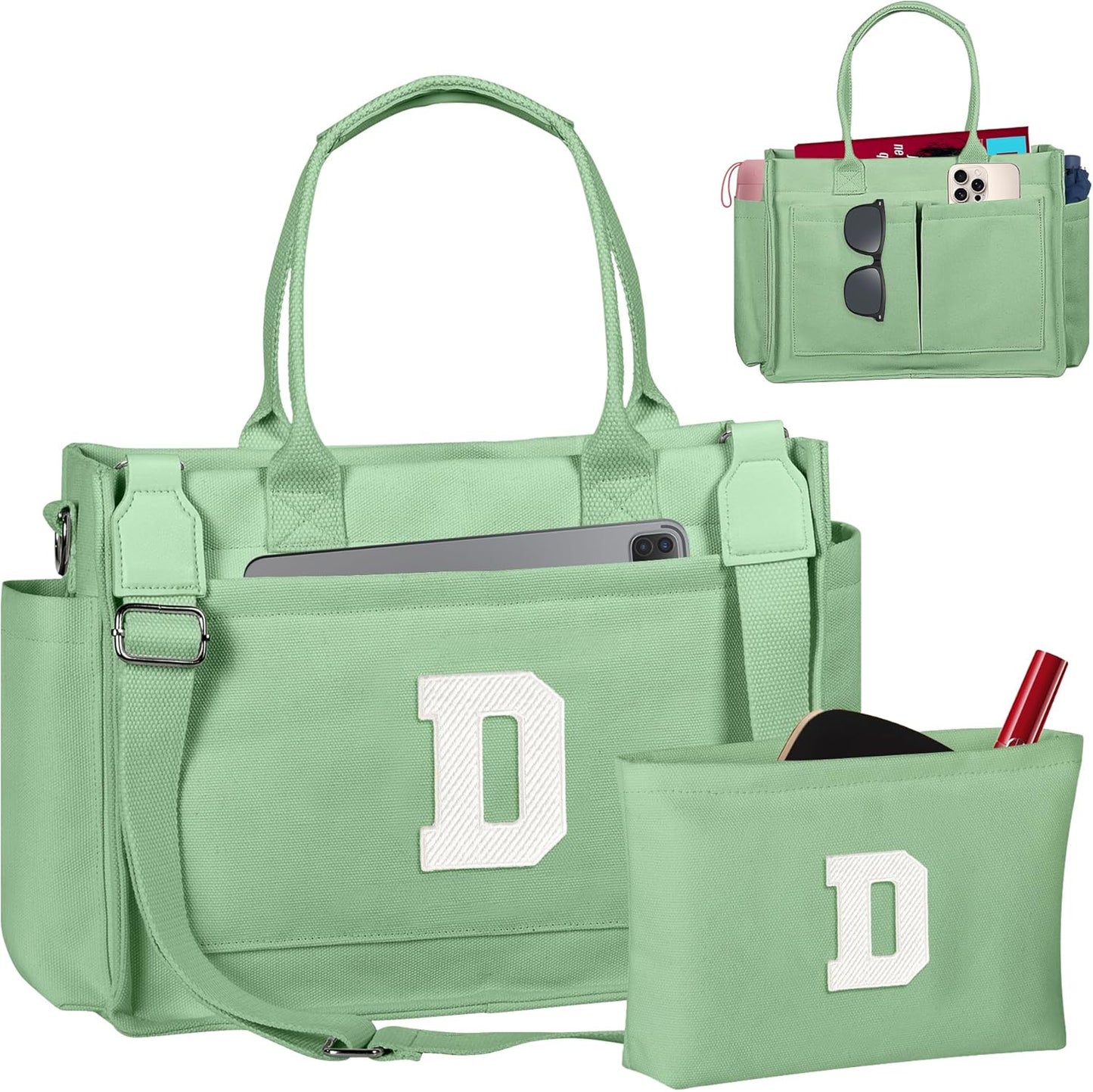 Gifts for Women Teen Girls, Initial Tote Bag with Zipper, Letter Canvas Tote Purse for College Work Laptop Beach