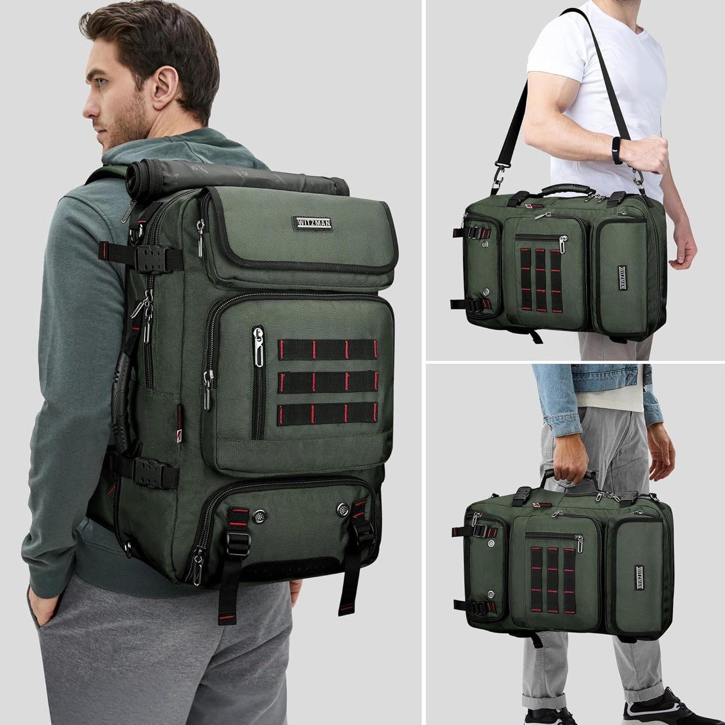 WITZMAN Carry on Travel Backpack for Men Women Airline Approved Convertible Nylon Duffle Backpack Luggage Bag (B682 Army Green)