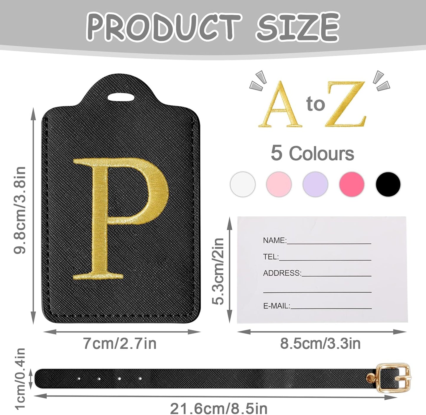 Initial Letter Luggage Tags for Suitcases, Personalized Embroidered Letter Luggage Bag Suitcase Identifier Name Tag, Cute PU Leather Travel Luggage Tags, Bag Tags for Luggage Handbags(Black P)