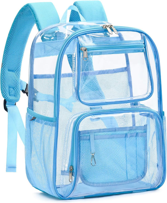 Heavy Duty Clear Backpack For Kids Women Men Boys Girls, 17 Inch Large See Through Backpack, 360° 3M Reflective Strips Clear Bookbag, Transparent Bag For School College Sport Travel, Light Blue