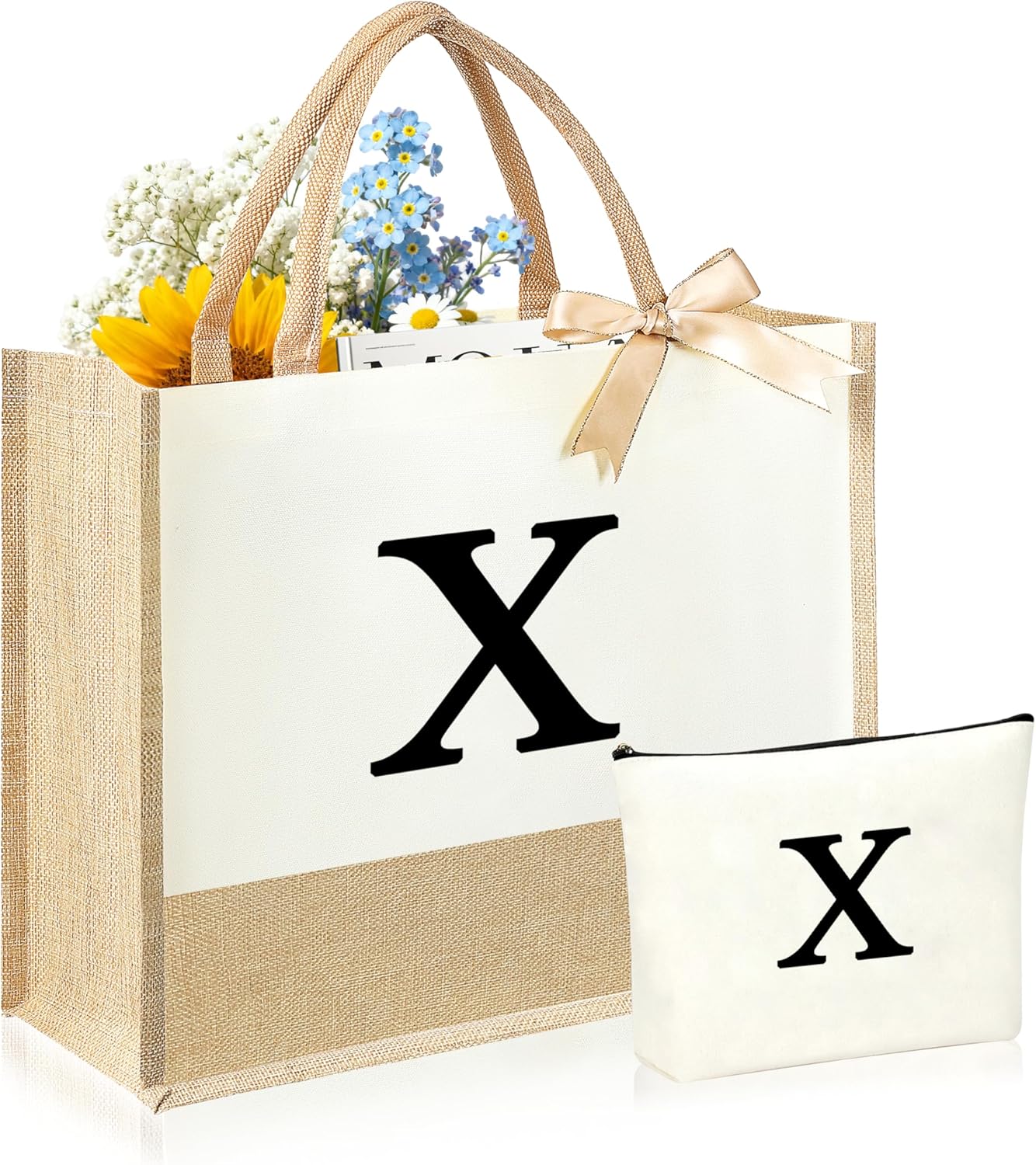 Initial Canvas Tote Bag & Makeup Bag for Women Teacher Bridesmaids，Personalized Present for Wedding, Birthday, Beach