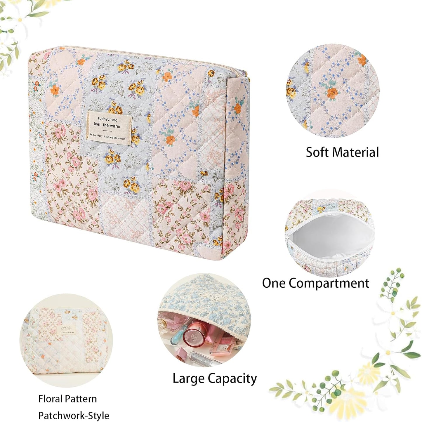 Quilted Makeup Bag, Large Makeup Bag, Cute Cosmetic Pouch for Women Girls, Floral Coquette Aesthetic Patchwork Travel Toiletry Make Up Organizer Bag-Bees&Flower