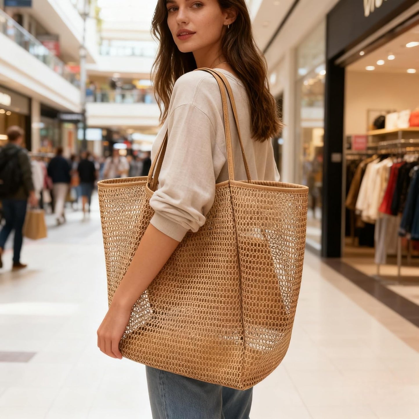 Mesh Beach Bag with Women - Ventilated Mesh Design with Inner Pocket -Vacation & Travel Have,Woven Shoulder Handbag