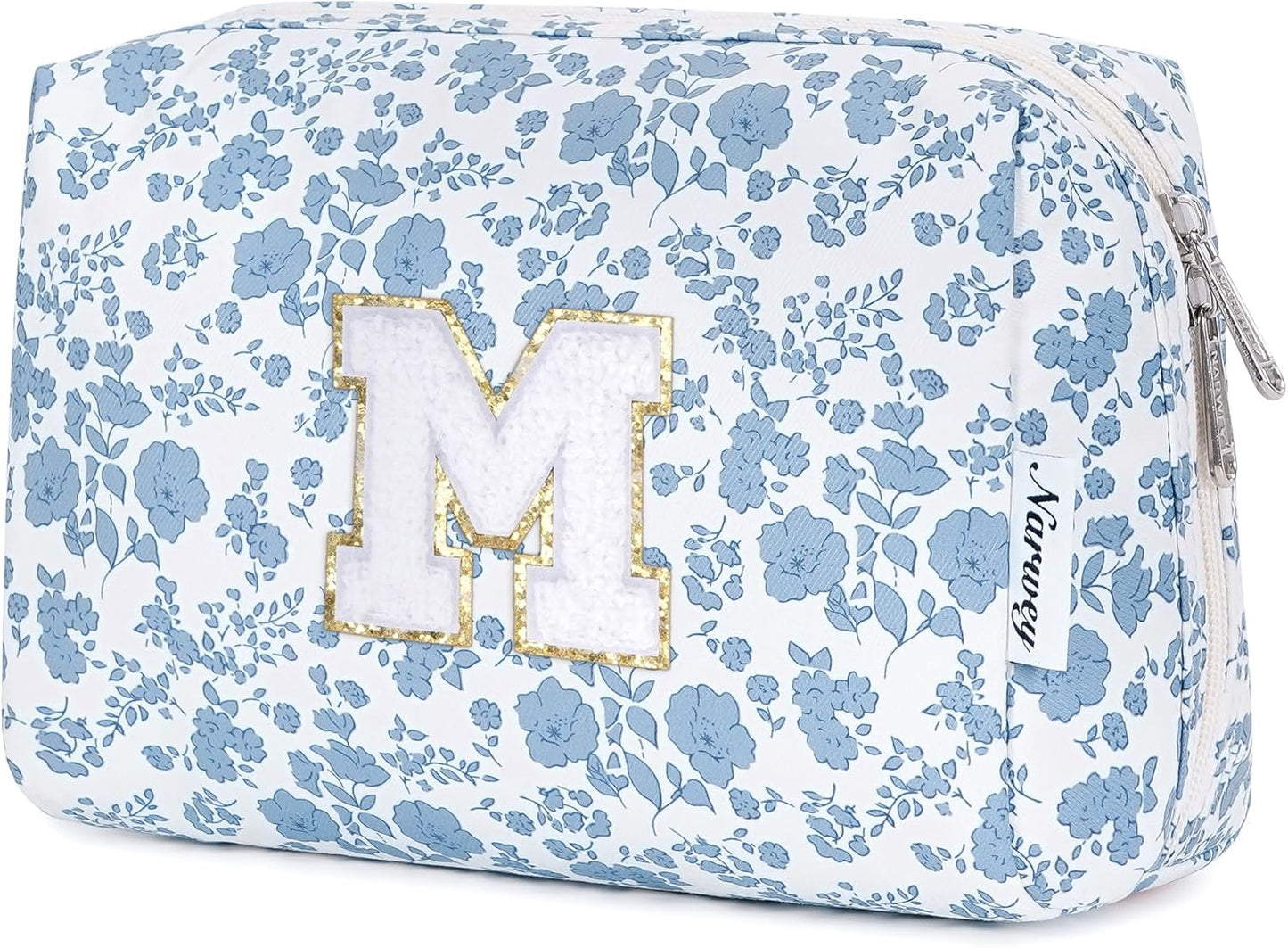 Narwey Birthday Gifts for Teen Girls Kids Women Personalized Initial Floral Makeup Bag Cute Cosmetic Trendy Stuff 6 8 10 11 12 13 14 16 18 Years Old Travel Toiletry Bag (Little Blue Flower M)