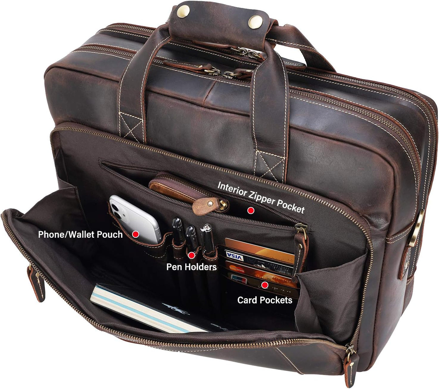 Men's Solid Thick Full Grain Leather 17.3" Laptop Briefcase Classic Messenger Bag Fit Business