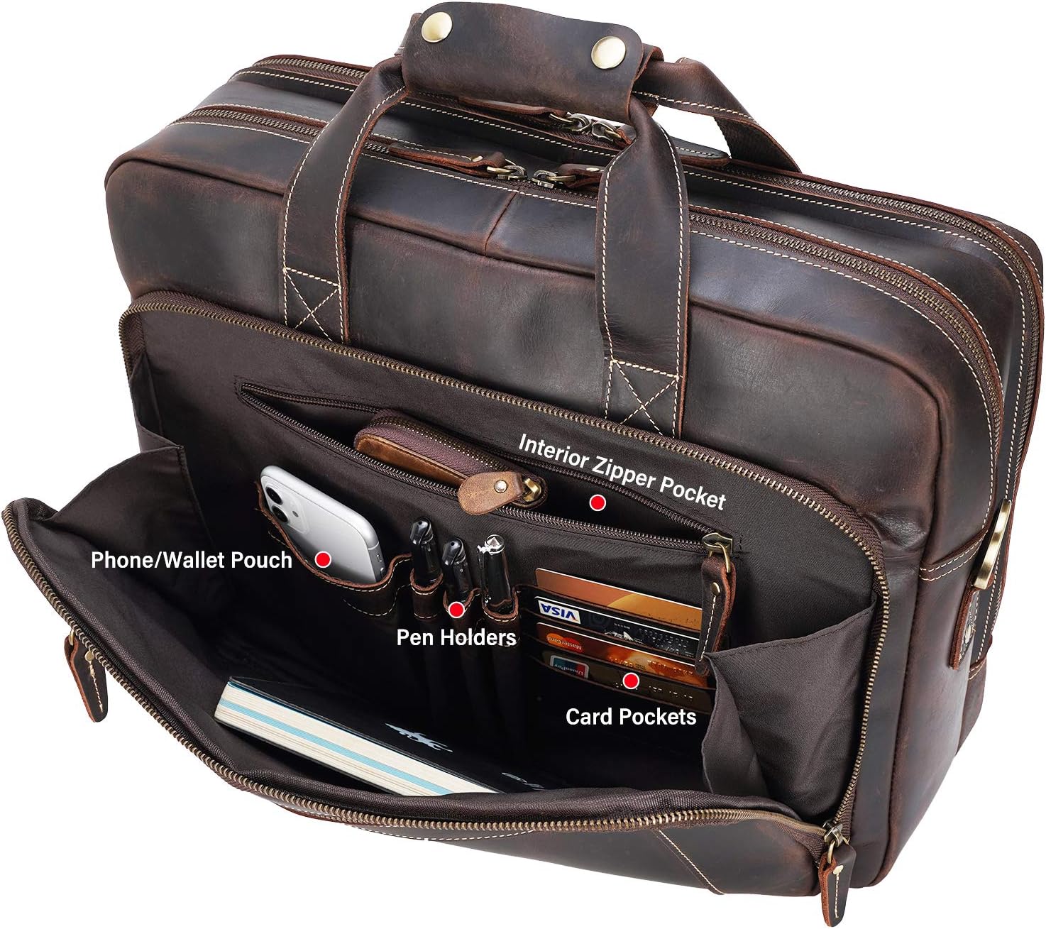 Men's Solid Thick Full Grain Leather 17.3" Laptop Briefcase Classic Messenger Bag Fit Business