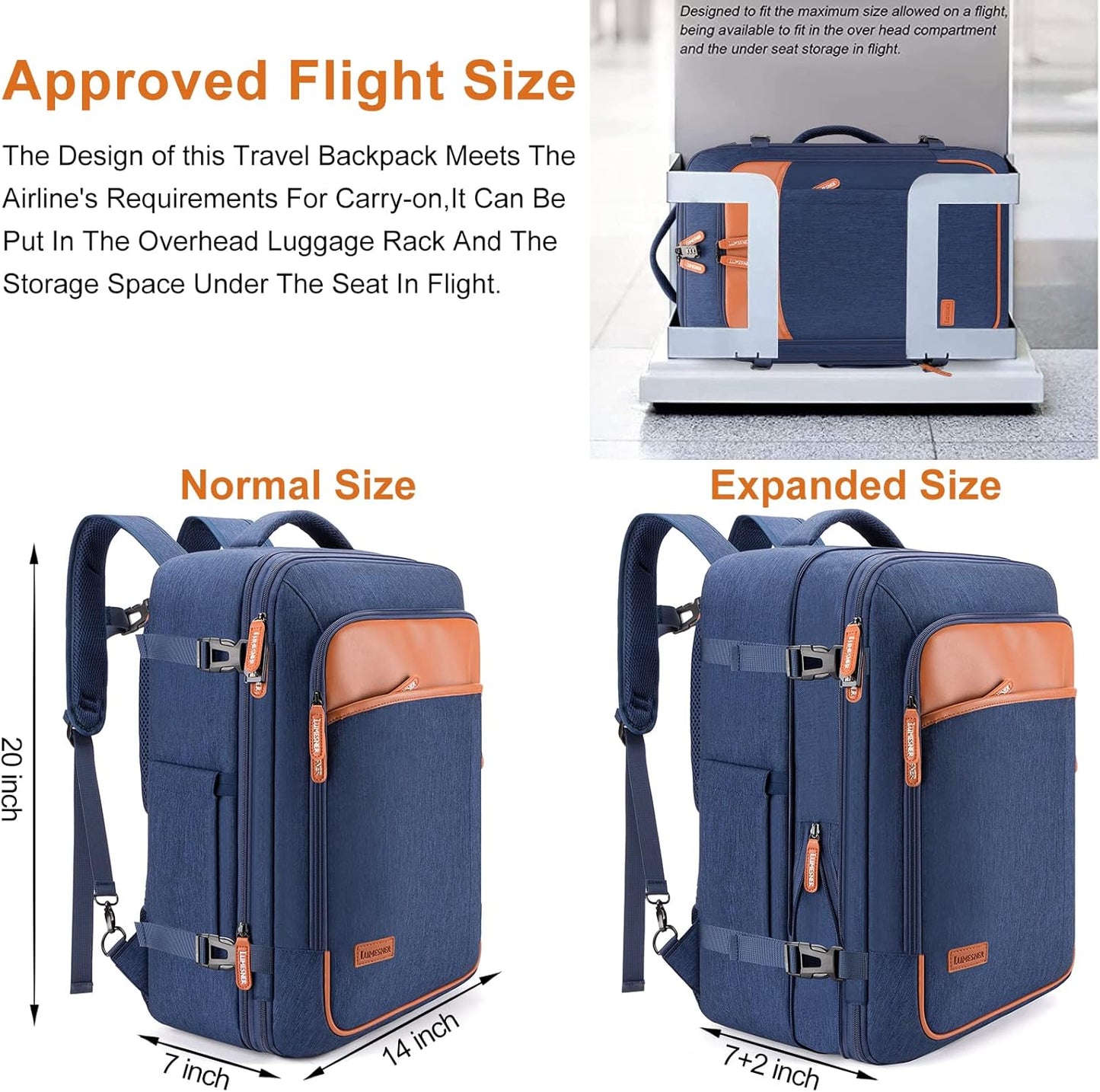 Lumesner Carry on Travel Backpacks, Extra Large 40L Flight Approved for Men & Women,Expandable Suitcase backpack (Blue (Backpack With 4 Packing Cubes))