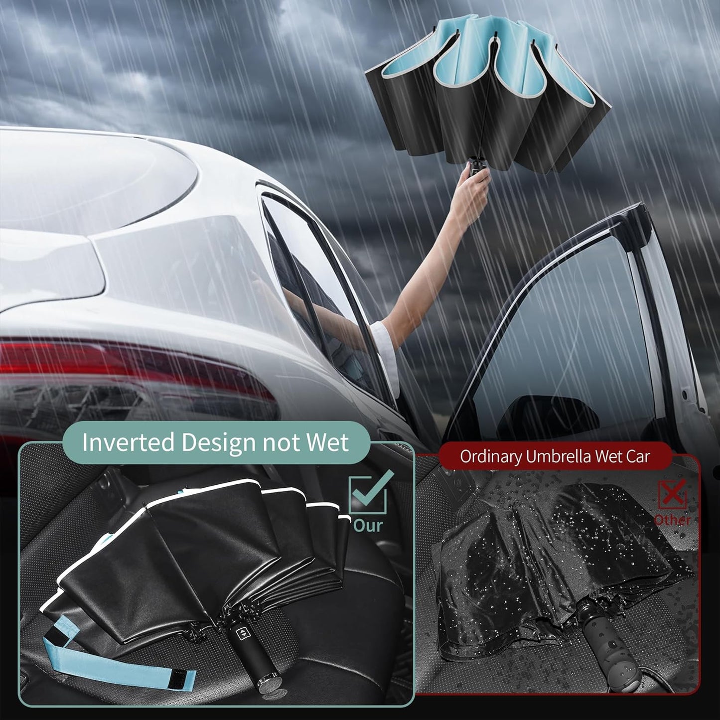 Seniny Inverted Travel Umbrella, Automatic Umbrellas for Rain, Windproof Compact Umbrella with Reflective Stripe, Folding UV Umbrella Sun Umbrella, Portable Large Umbrella for Backpack, Lightweight