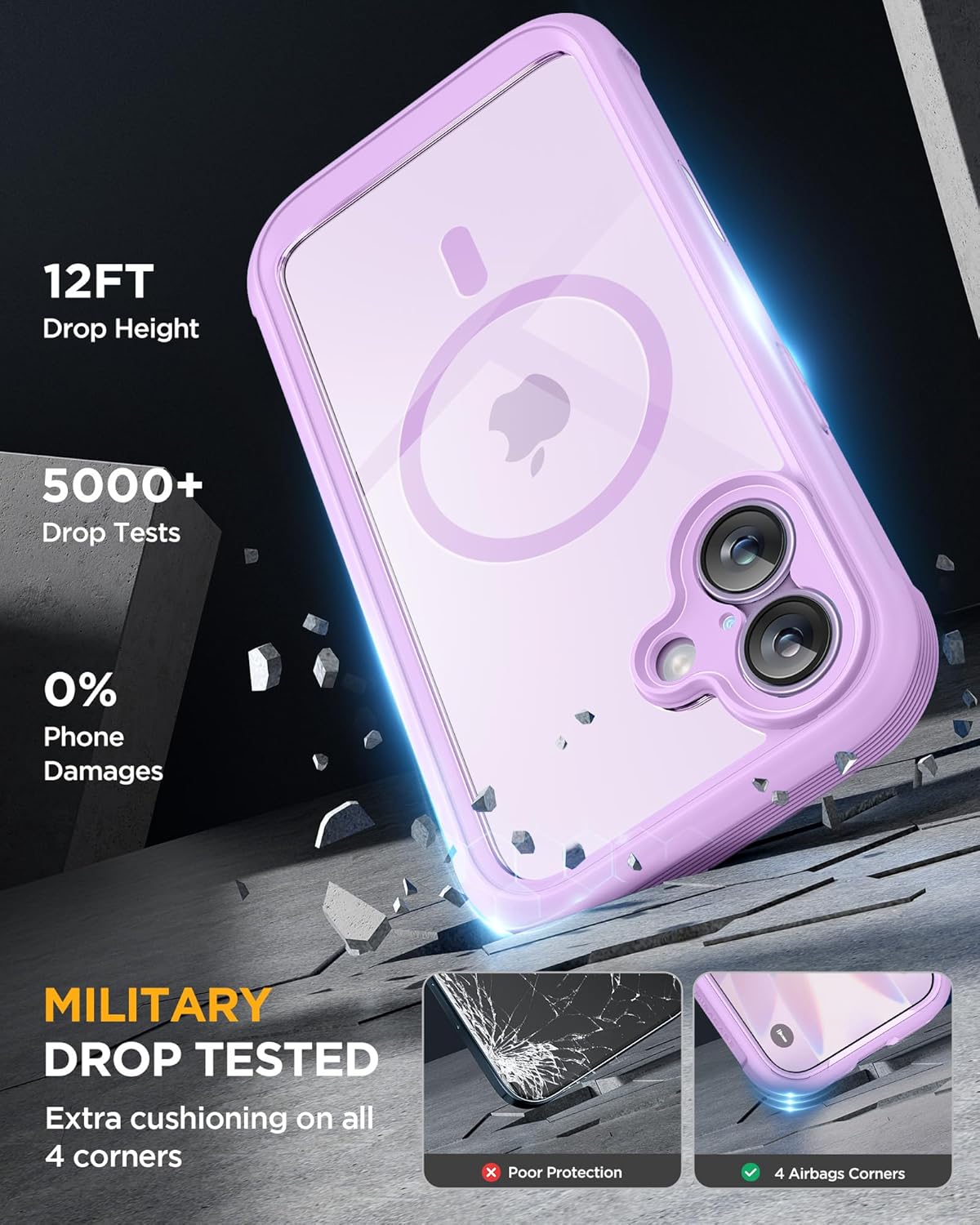 Miracase for iPhone 17 Case 6.3'', Full-Body Military Grade Drop Protection Outdoor Phone case with Built-in Glass Screen &Camera Control,Easy Installation,No Gap,Compatible with MagSafe, Light Purple