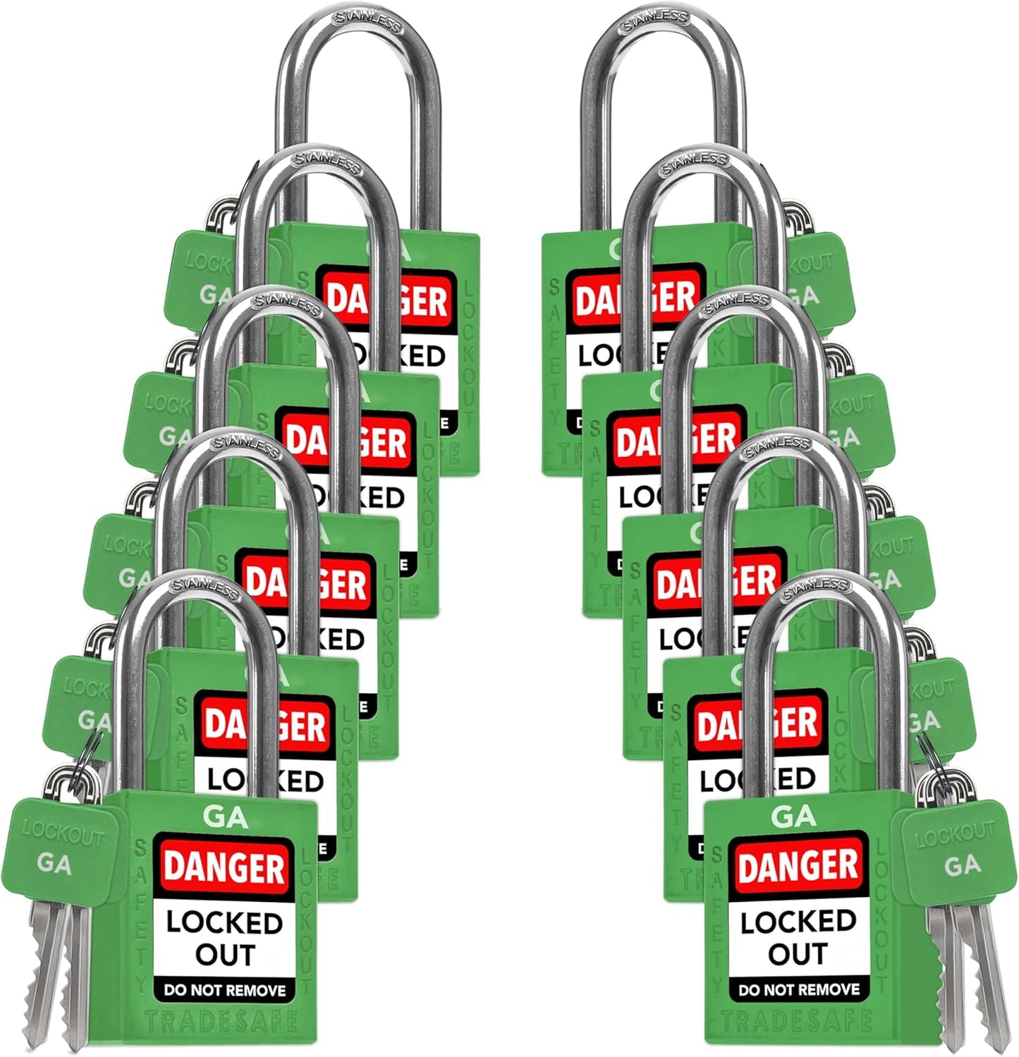 TRADESAFE Lockout Tagout Lock Sets, 10 Green Keyed Alike Unlimited Grouping Safety Padlocks, 2 Keys Per Lock, OSHA Compliant Loto Locks