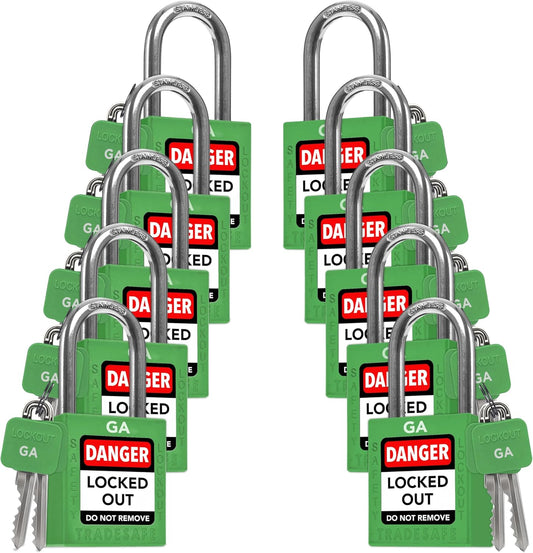 TRADESAFE Lockout Tagout Lock Sets, 10 Green Keyed Alike Unlimited Grouping Safety Padlocks, 2 Keys Per Lock, OSHA Compliant Loto Locks