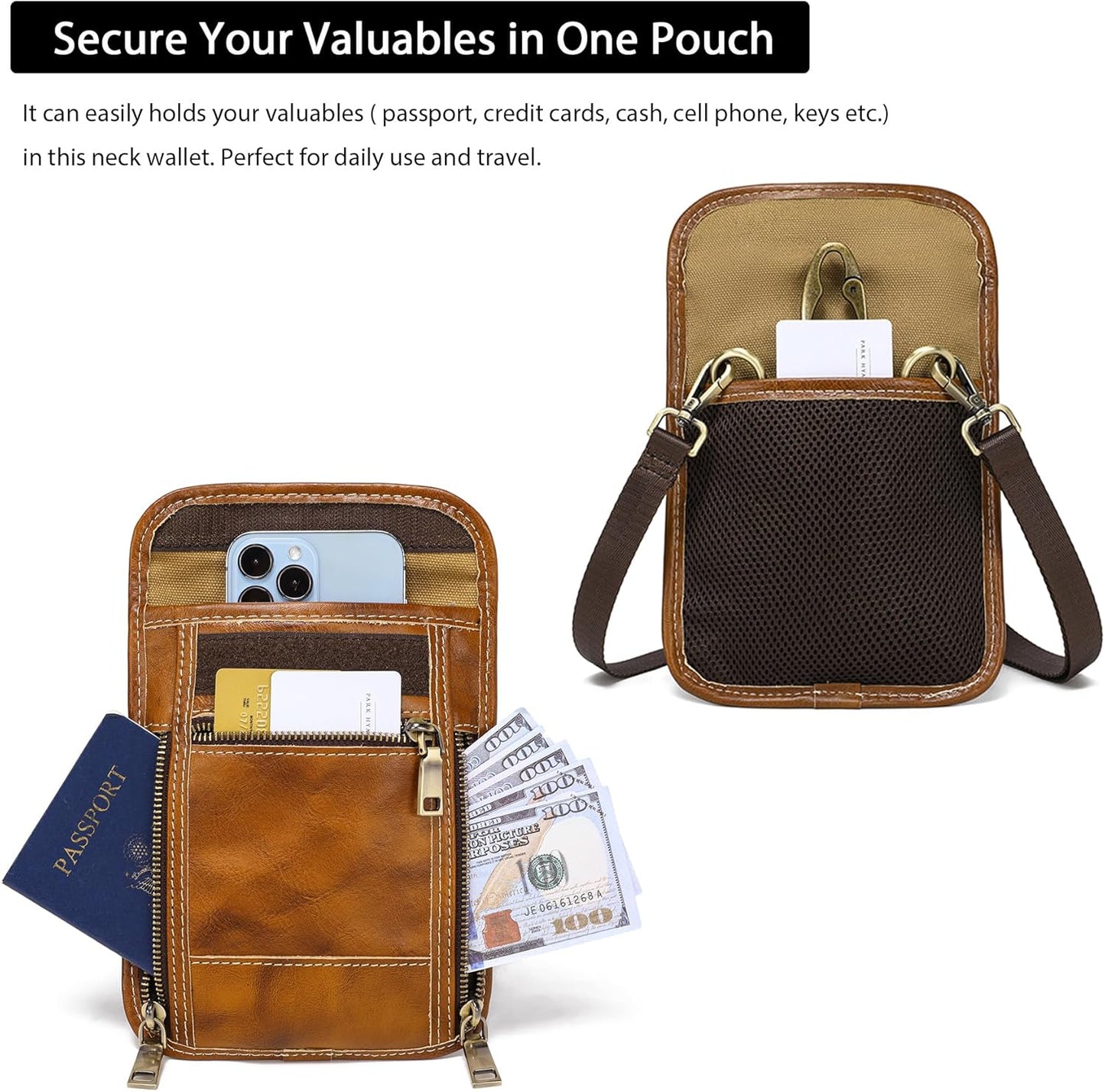 LANNSYNE Full Grain Leather Travel Wallet, Leather Cell Phone Belt Bag, Waist Pack Pouch, Neck Wallet Travel Pouch and Passport Holder for Men and Women Keep Valuables Safe