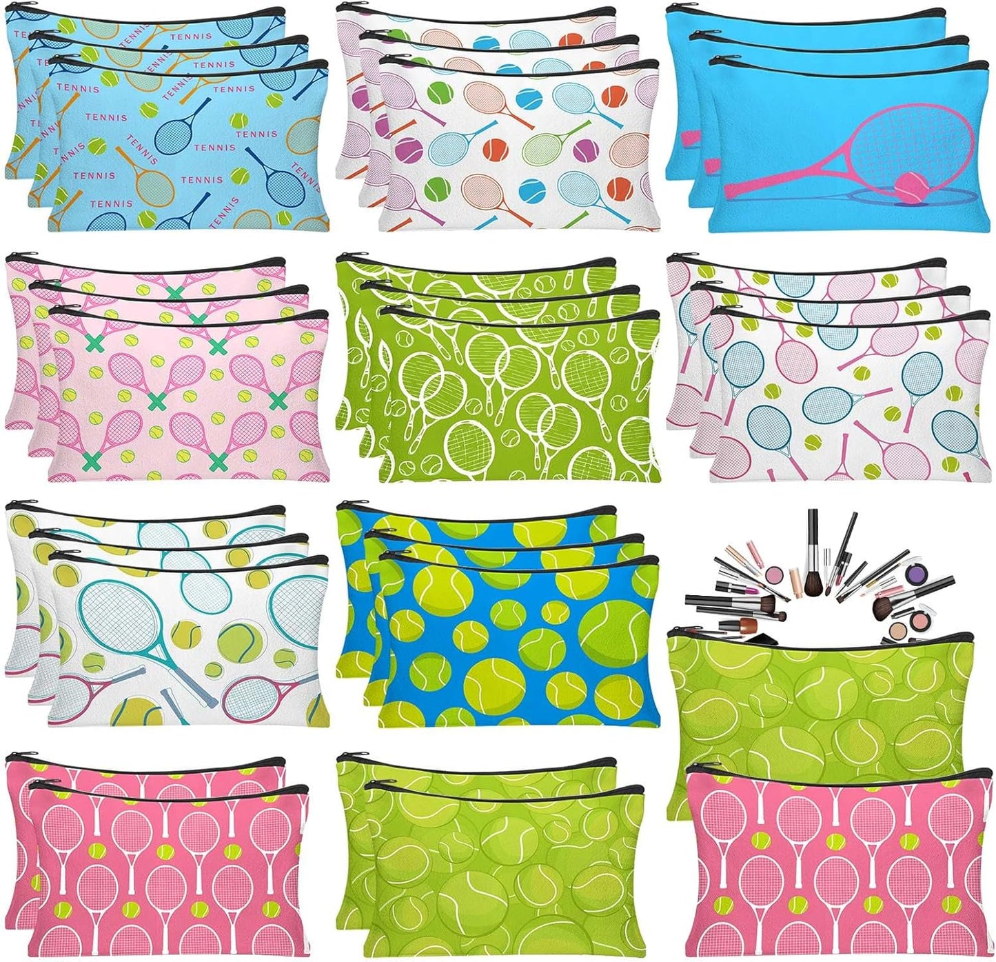 30Pcs Tennis Makeup Bag Tennis Gifts for Women Canvas Cosmetic Bags with Zipper Inspirational Travel Toiletry Pouch Tennis Accessories for Sports Lover Players Coach Christmas Team Gift