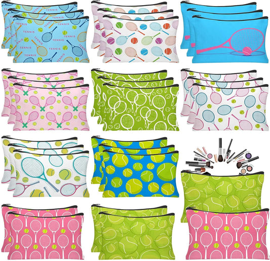 30Pcs Tennis Makeup Bag Tennis Gifts for Women Canvas Cosmetic Bags with Zipper Inspirational Travel Toiletry Pouch Tennis Accessories for Sports Lover Players Coach Christmas Team Gift
