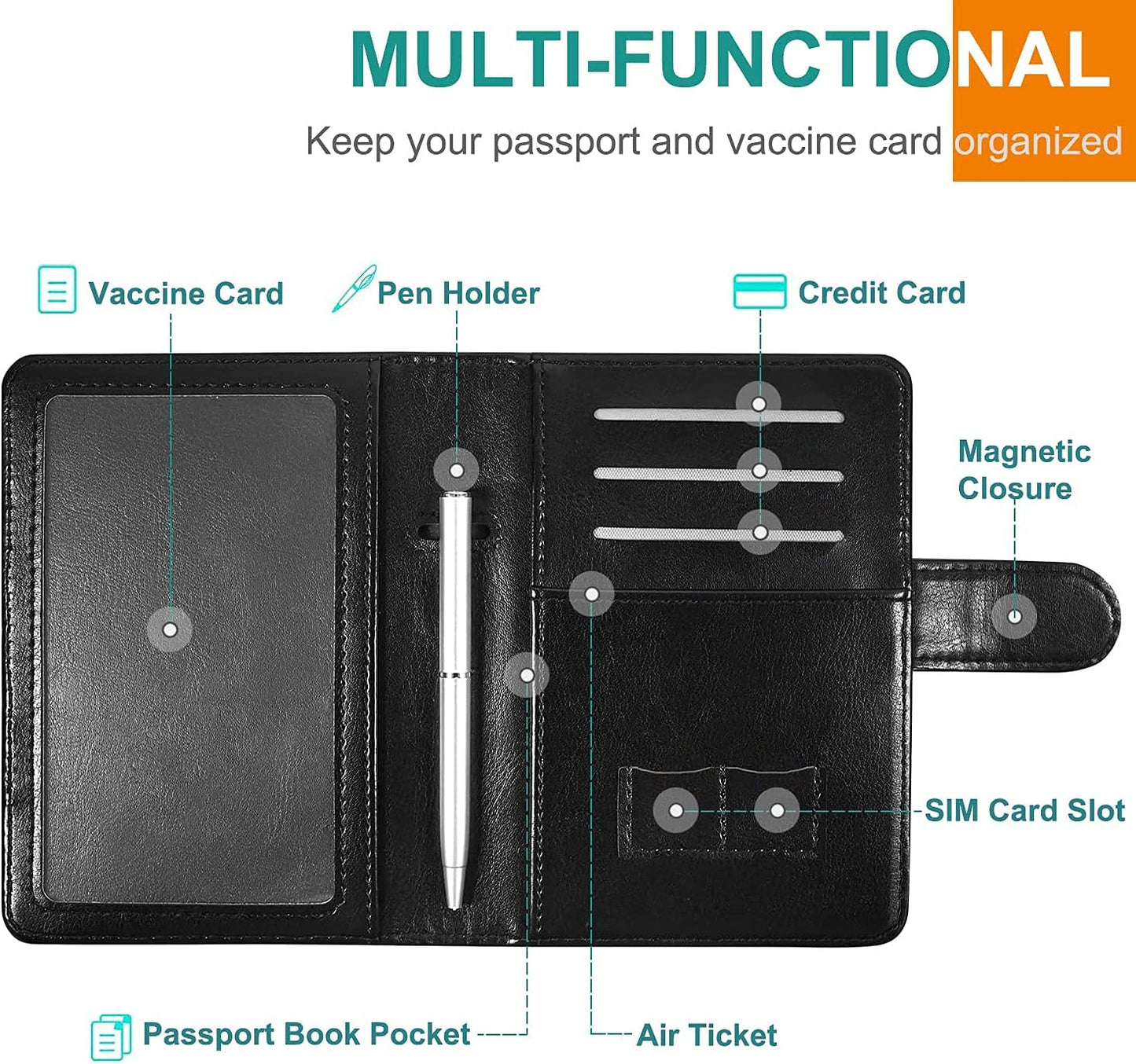 RSAquar Unisex Faux Leather Passport and Vaccine Card Holder Combo, Black, Slim and Lightweight with RFID Blocking Technology