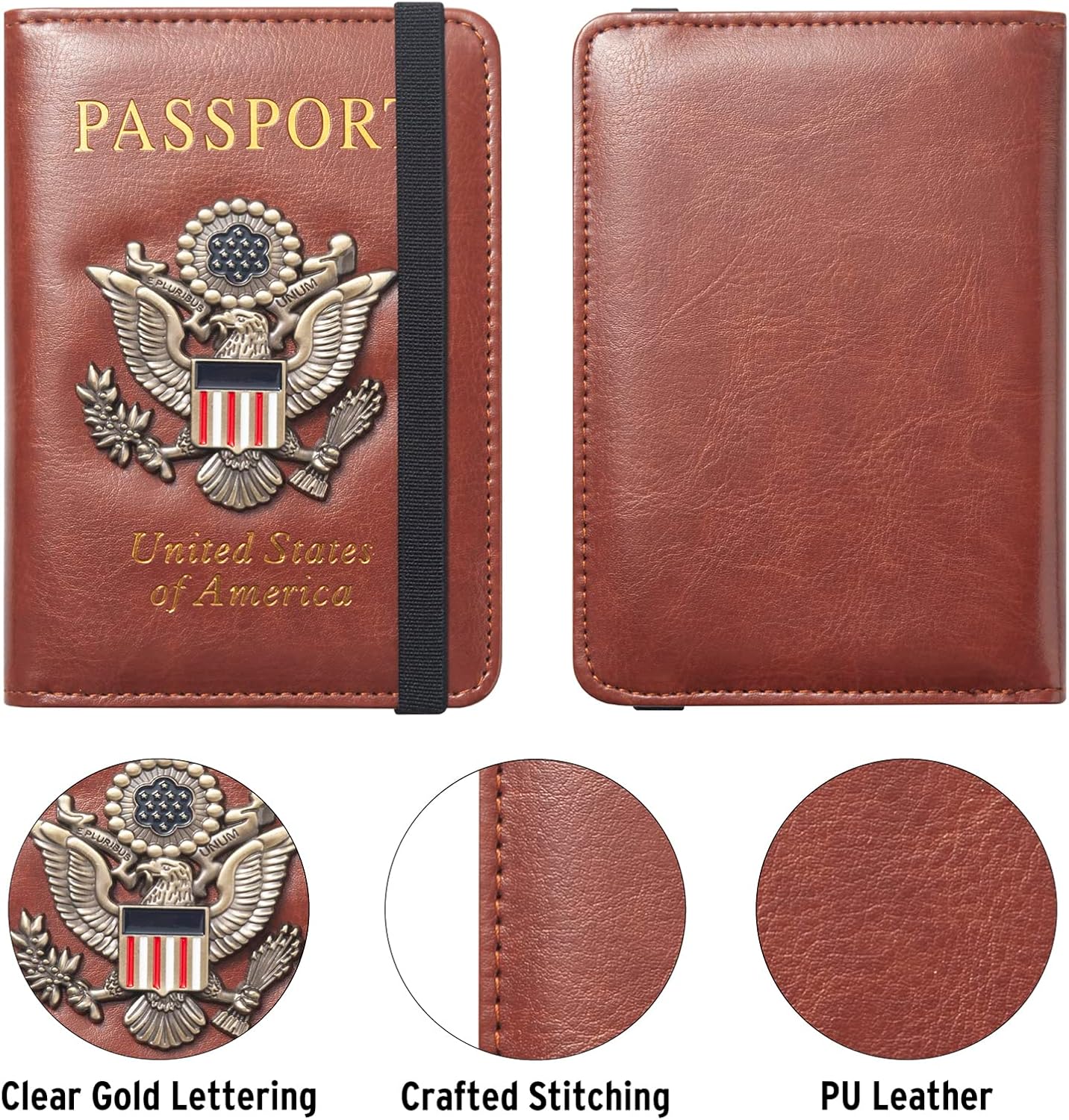 Passport Holder for Travel Men Women, RFID Blocking Passport Cover Leather Passport Wallet With 3D Metal Badge Waterproof Passport Case Travel Wallets Accessories Document Organizer (Brown)