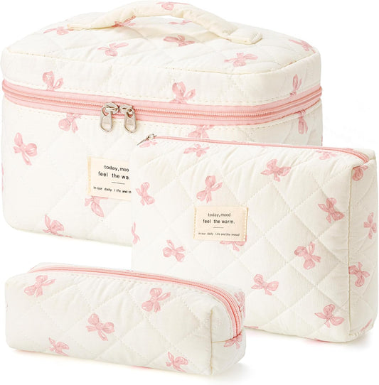 HBselect Quilted Makeup Bag, 3PCS Cotton Large Travel Makeup Bag, Cute Floral Coquette Make up Bag Cosmetic Bag Toiletry Bag for Women Girls