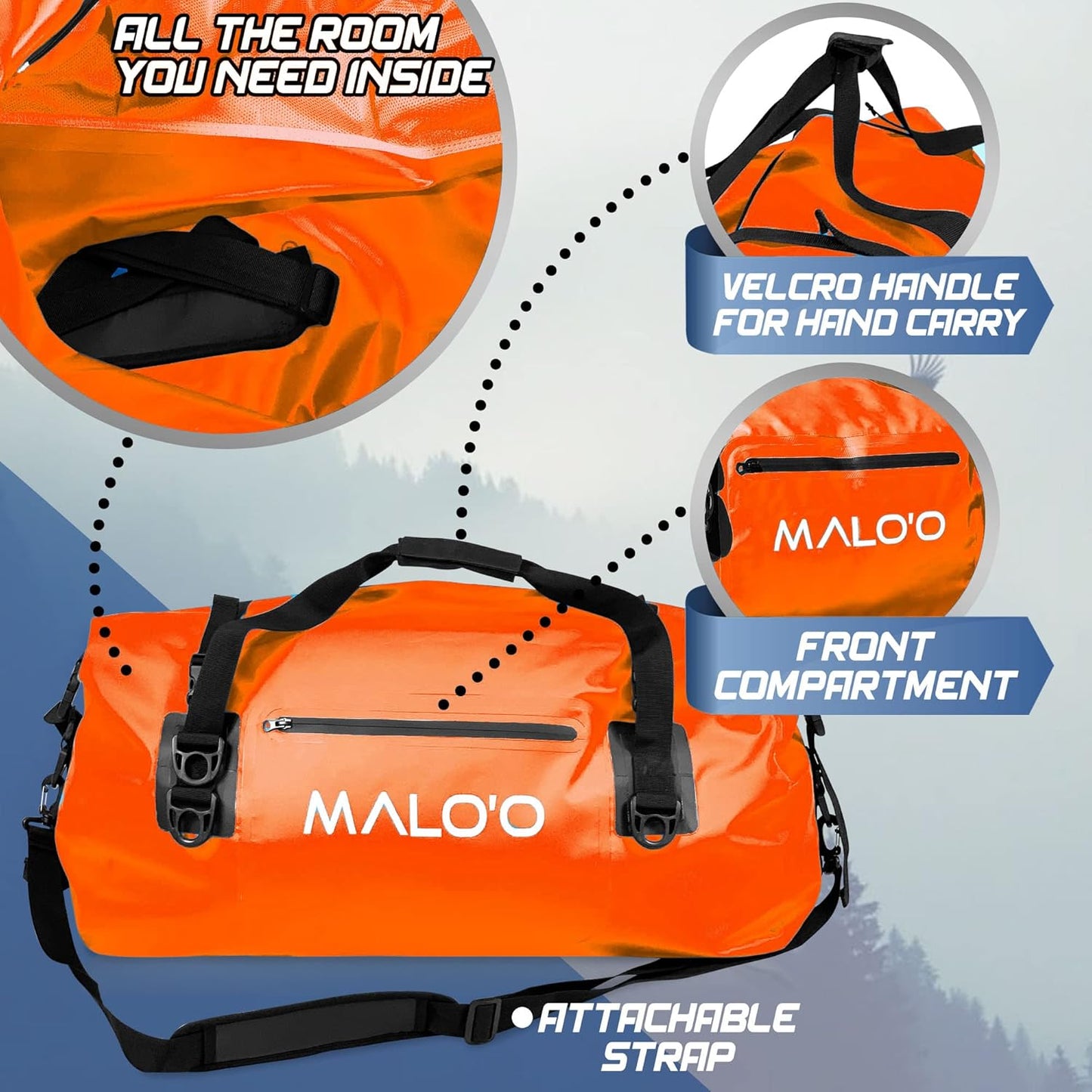 Malo’o Waterproof Dry Duffel, Heavy-Duty Roll Top Waterproof Gear Bag with Shoulder Strap & Molle Loops, Marine Duffel for Kayaking, Boating, Camping, Beach & Travel, Orange, 100L