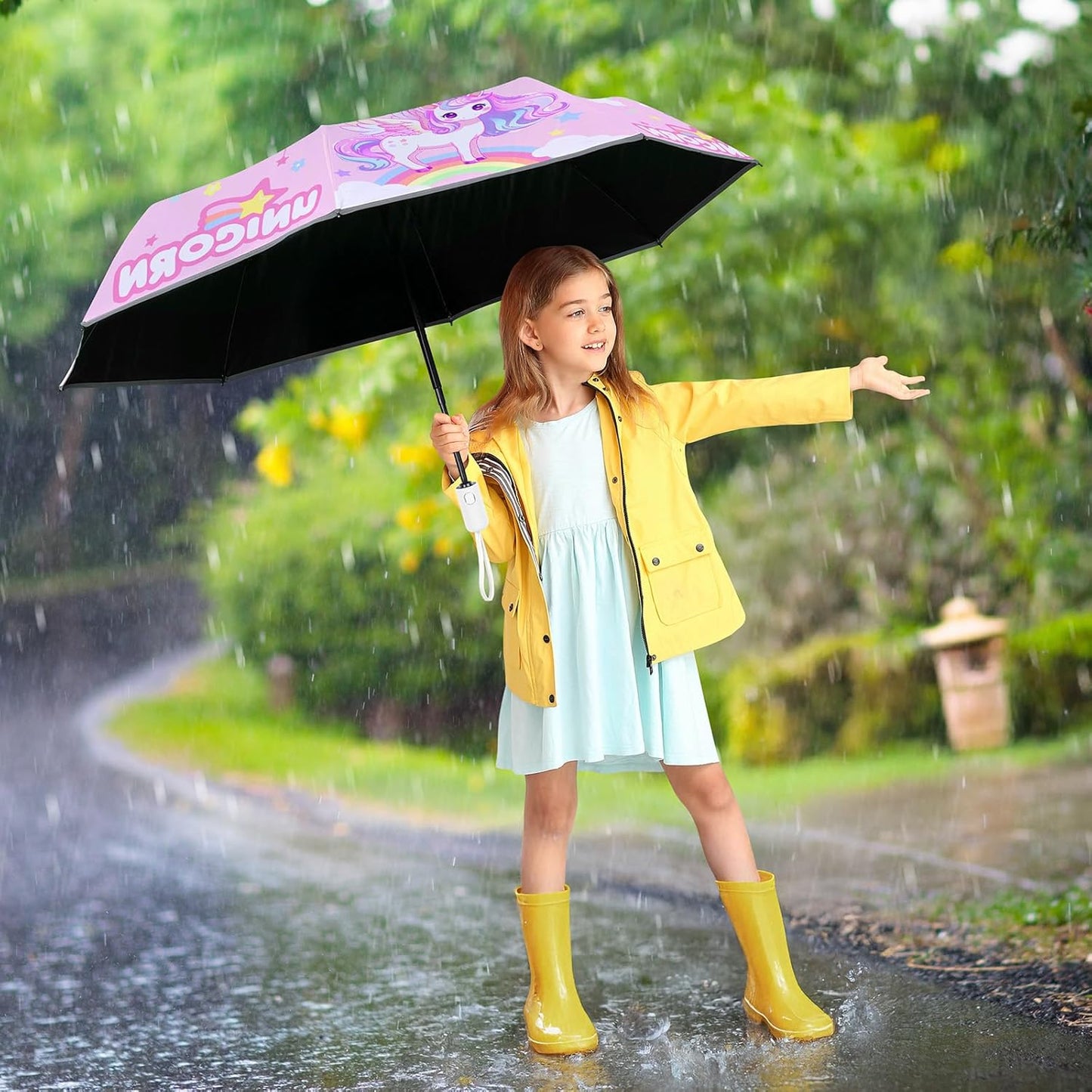 Autoamtic Kids Umbrella UV Resistant, Folding Compact Umbrella 360° Reflective Strip for Travel Outdoor, Lightweight Cute Kids Parasol Anti-rebound Safe for Toddler