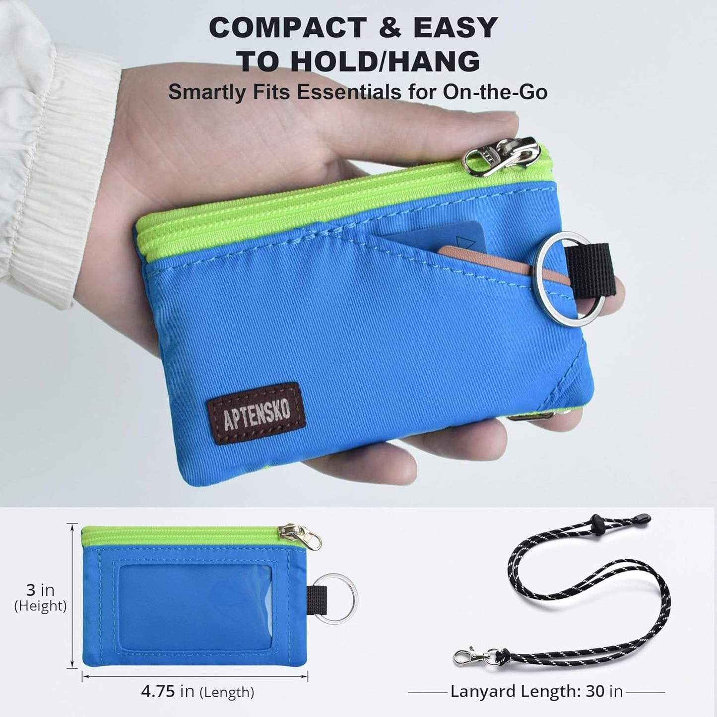 RFID Travel Wallet with Adjustable Lanyard-Zipper Small Wallet with ID Card Holder, Keychain for women&men-Minimalist Slim Waterproof Nylon case for ID, Cash, Key (Sky Blue)