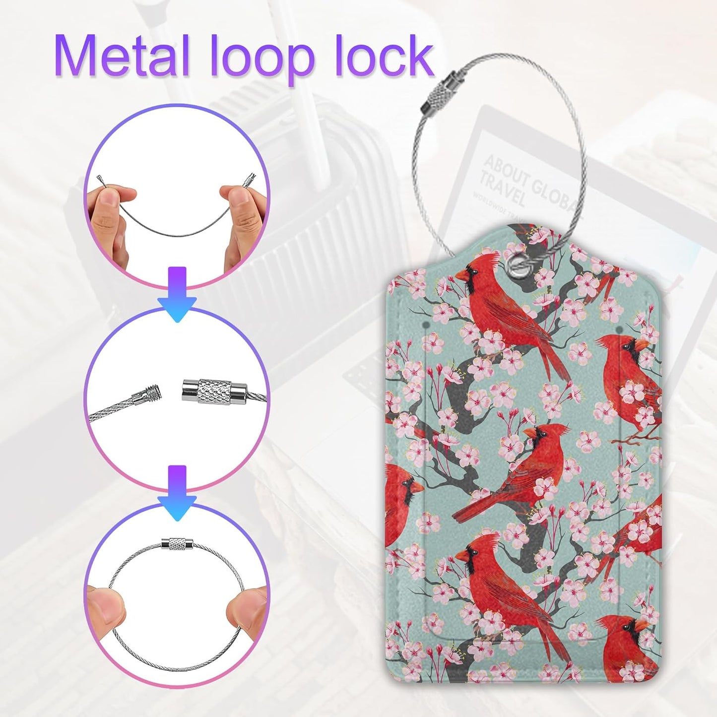 2 Pack Leather Luggage Tag for Suitcase Red Bird Blossom Winter Unique Travel Tags with Privacy Cover ID Label & Stainless Steel Loop for Men and Women Baggage