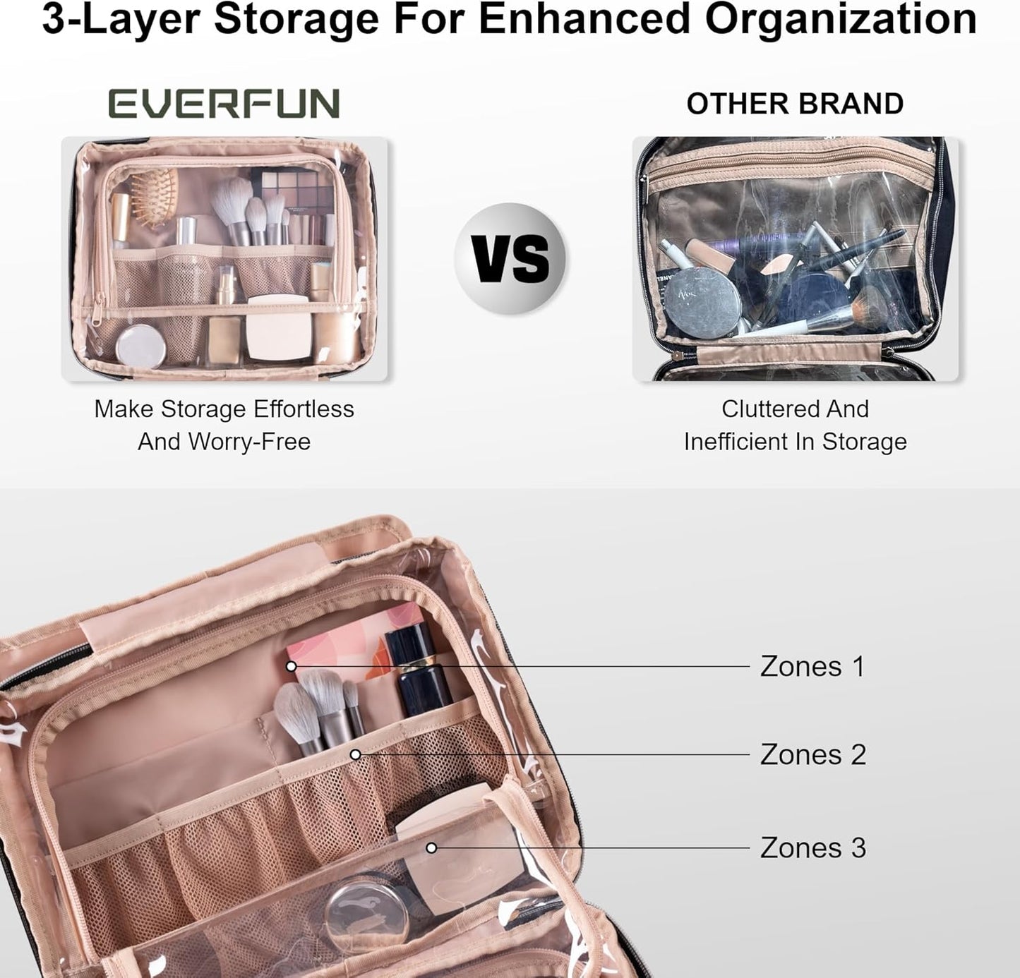 Everfun Hanging Travel Toiletry Bag for Women Traveling With Leakproof Compartment Makeup Cosmetic