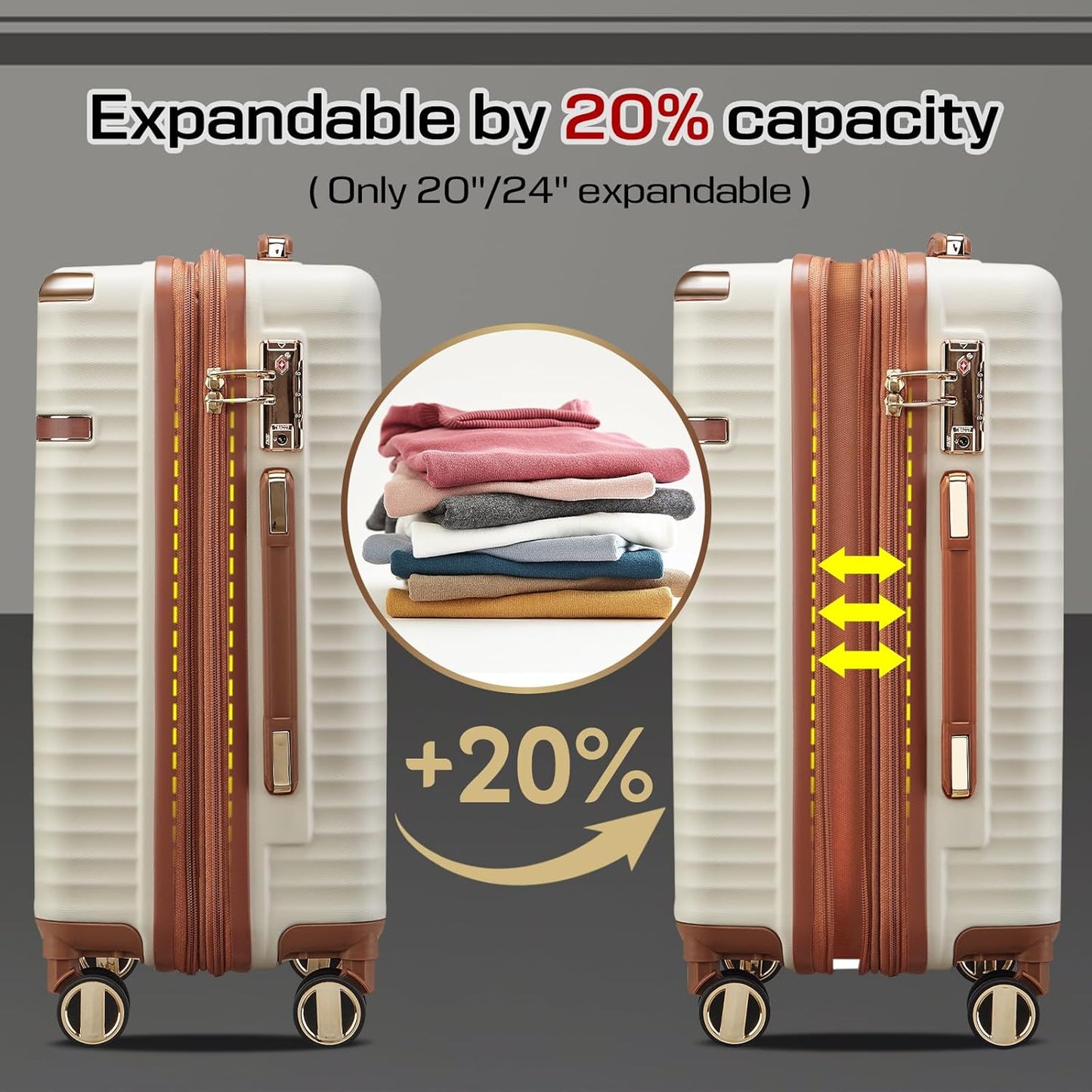 Joyway Expandable Carry on Luggage Sets Airline Approved with TSA Lock, Lightweight Hard Shell 20 Inch Carry-on Suitcase with Spinner Wheels, White