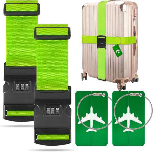 BILIONE 2 Pack Luggage Straps for Suitcases with Password Lock & Metal Airplane Tags, Adjustable Suitcase Belt & Travel Belt, Luggage Connector Straps to Connect Two Bags 20-34 Inch (Green)