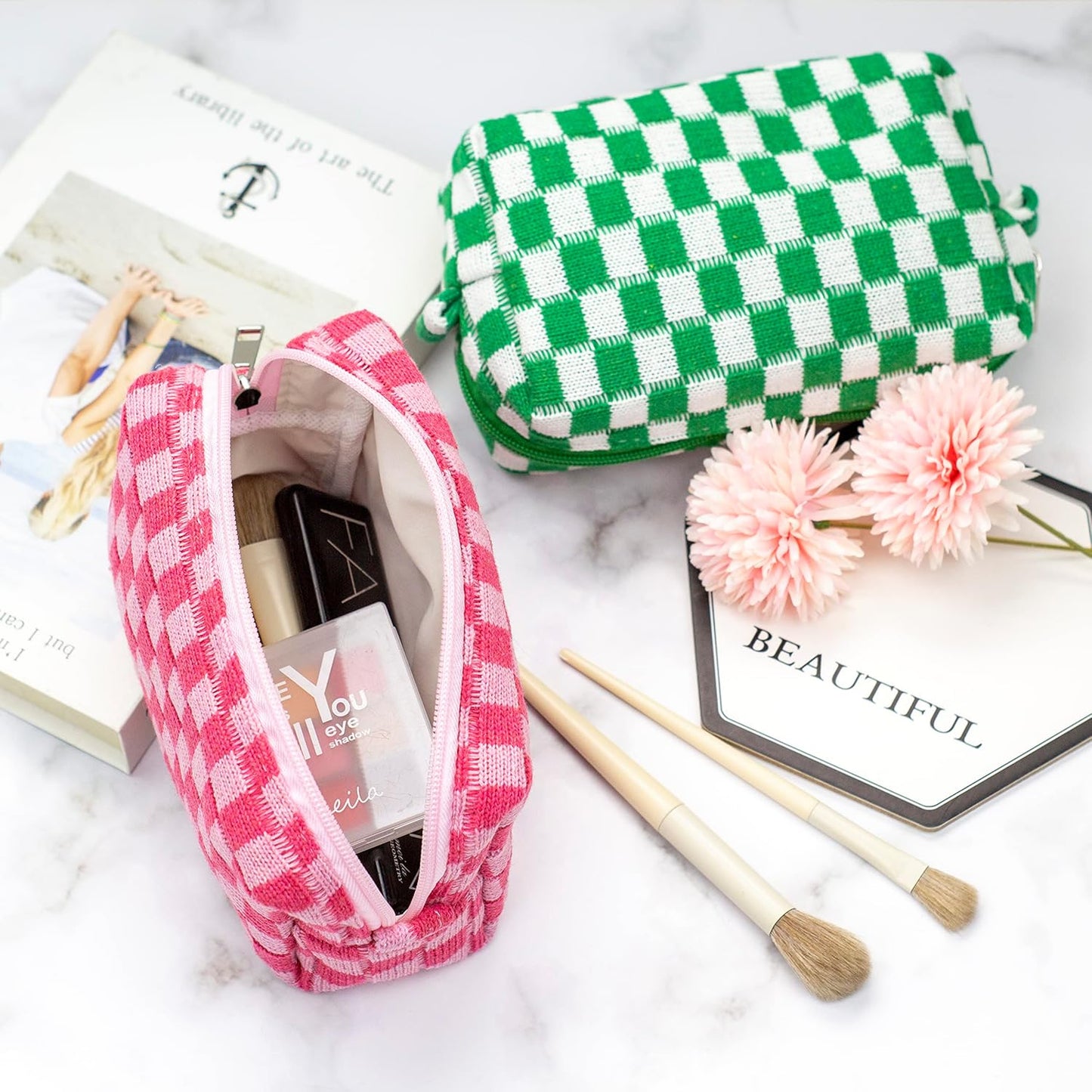 PAZIMIIK Checkered Makeup Bag for Purse Portable Zipper Make Up Pouch Small Cosmetic Case for