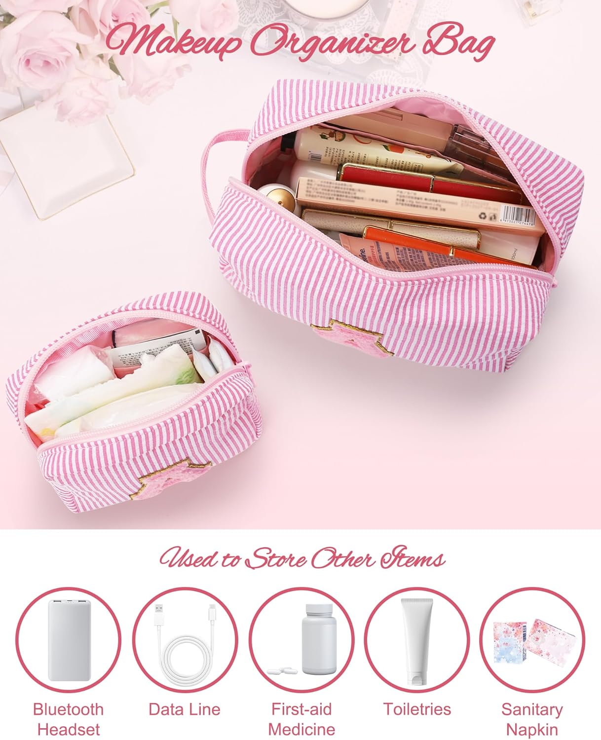 MONSTINA Cute Makeup Bag for Girls&Women Personalized Initial Toiletry Bag,Make Up Case for 11 12 13 14 15 16 Years Old Teen Girls Gift Trendy Stuff Birthday Gift for Her,2PCS Pink B