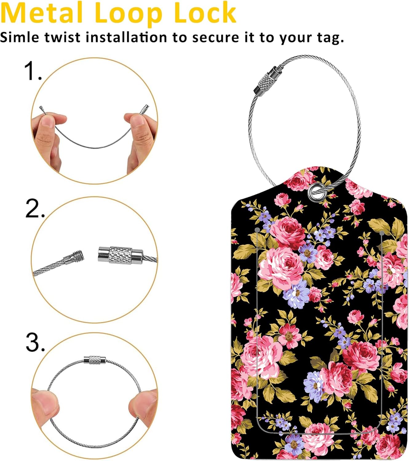 Luggage Tags for Suitcase,2 Pack Rose Flower Luggage Tag with Privacy Flap,Name ID Label and Metal Loop for Women Men Girls Baggage Bag Backpack Instrument