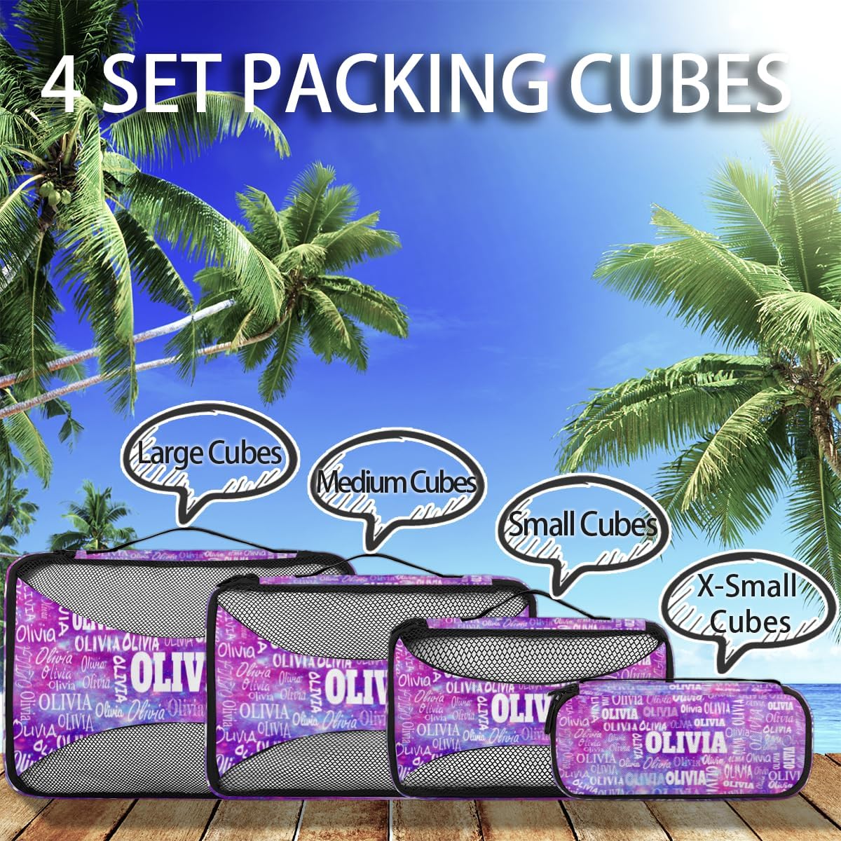 Personalized Packing Cubes, Set of 4 with Zipper Handles, Custom Name Travel Suitcases Luggage Packing Organizers, Watercolor Purple Galaxy Background