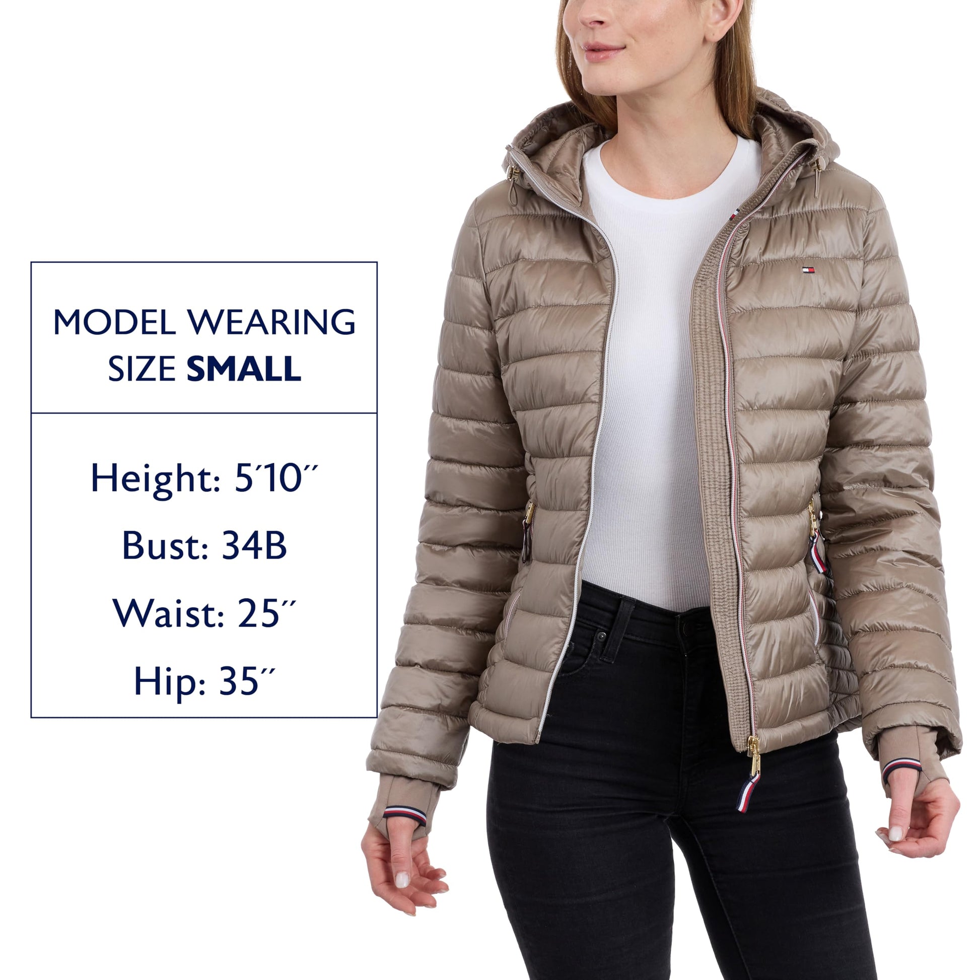 Tommy Hilfiger Women's Puffer Jacket, Lightweight Packable Jacket With Hood & Bag, Taupe, Large