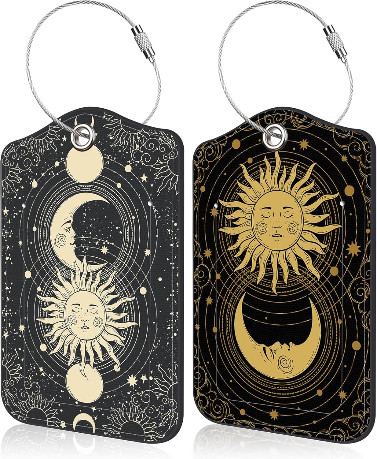 Boho Stars Planets Space Moon Luggage Tags Set of 2 Golden Crescent Moon Pattern PU Leather Travel Baggage Tags with Privacy Cover and Stainless Steel Loop for Teens Adults Travel Bag Suitcase