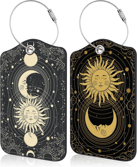 Boho Stars Planets Space Moon Luggage Tags Set of 2 Golden Crescent Moon Pattern PU Leather Travel Baggage Tags with Privacy Cover and Stainless Steel Loop for Teens Adults Travel Bag Suitcase
