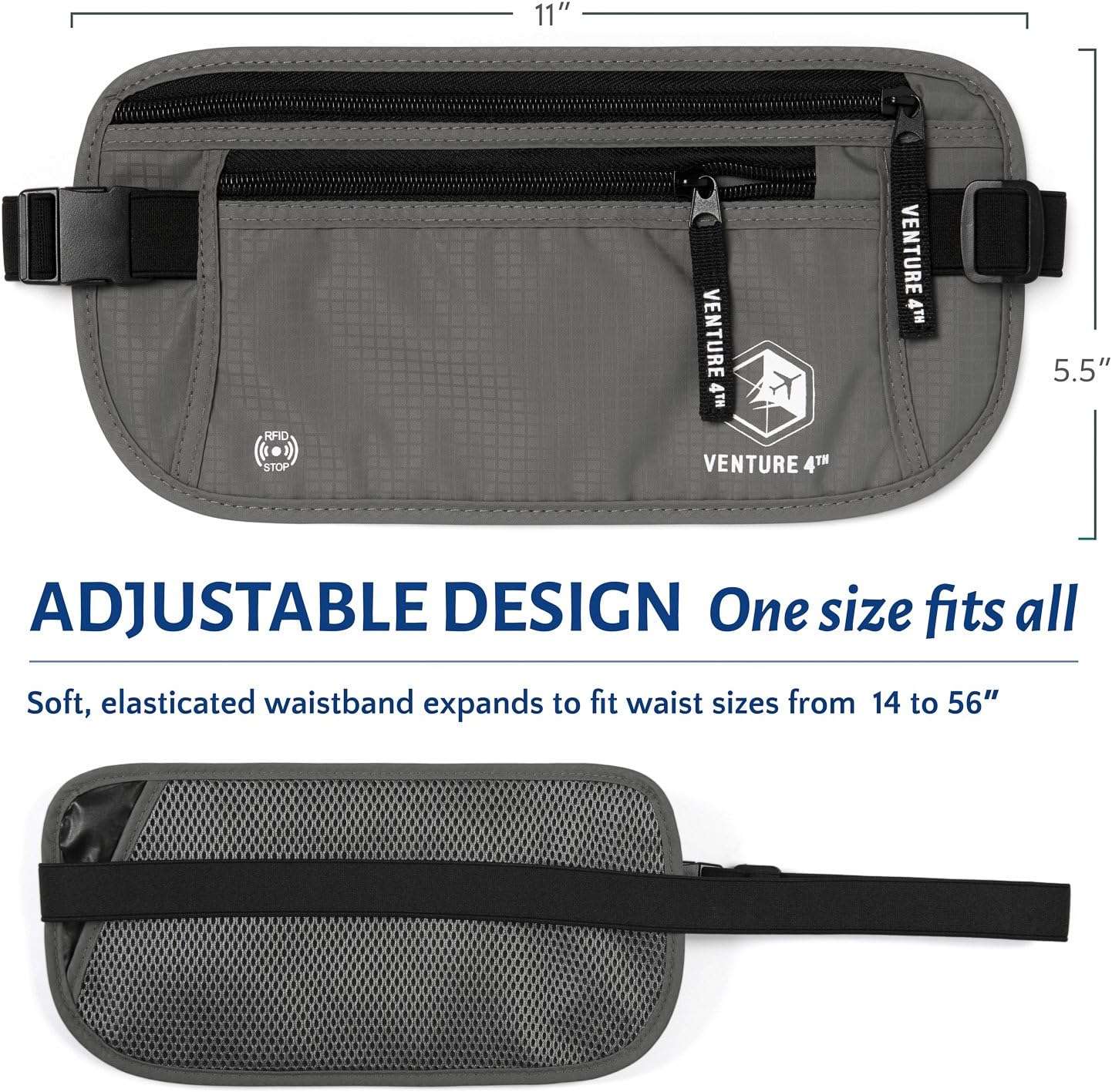 VENTURE 4TH Slim Minimalist Design RFID Money Belt with RFID Blocking Sleeves, for Men and Women – Ideal for Keeping Your Cash, Credit Card, Passport, Phone Secure When Traveling - Gray