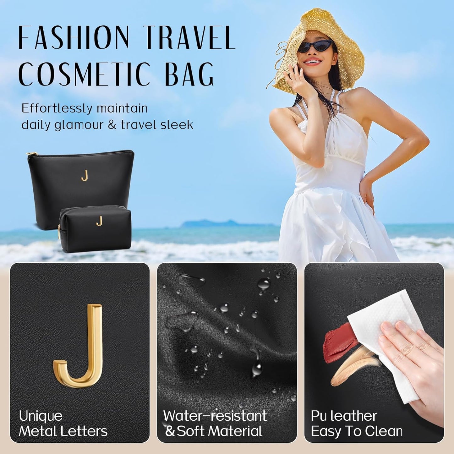 Women Gifts | Initial Makeup Bag Set for Girl Personalized Gifts for Bridesmaid Friend Graduation Teachers PU Leather Cosmetic Travel Toiletry Bag(Black,J)